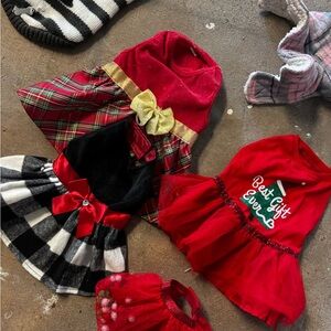 Festive Red and Black pets holiday Costume Dress dog puppy cat or kitten 7 piece